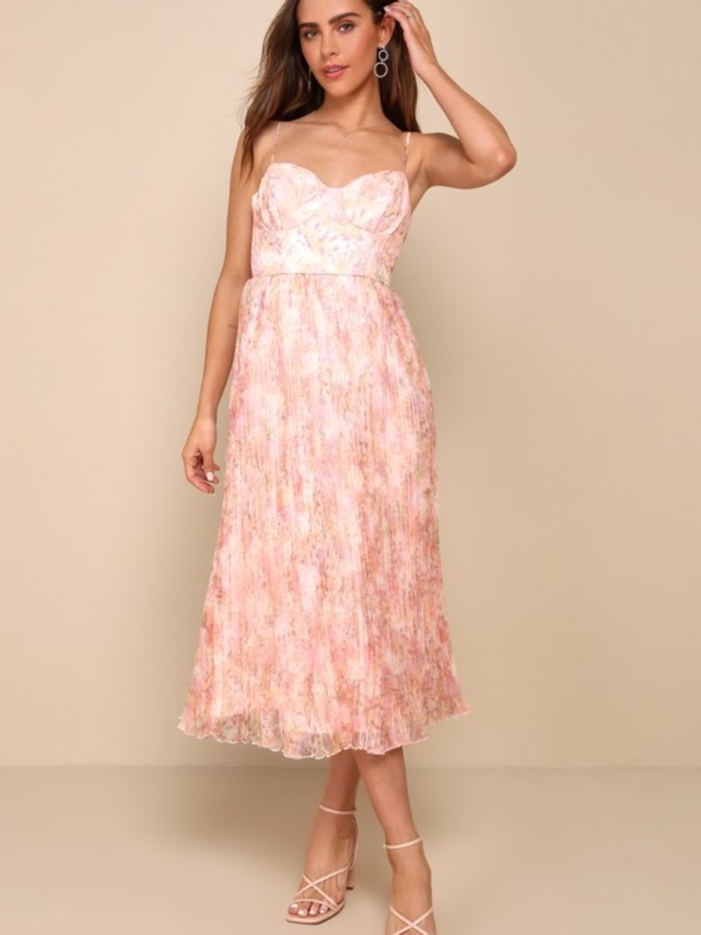 Lulus Finest Endeavor Blush Pink Floral Pleated Bustier Midi Dress - Size M